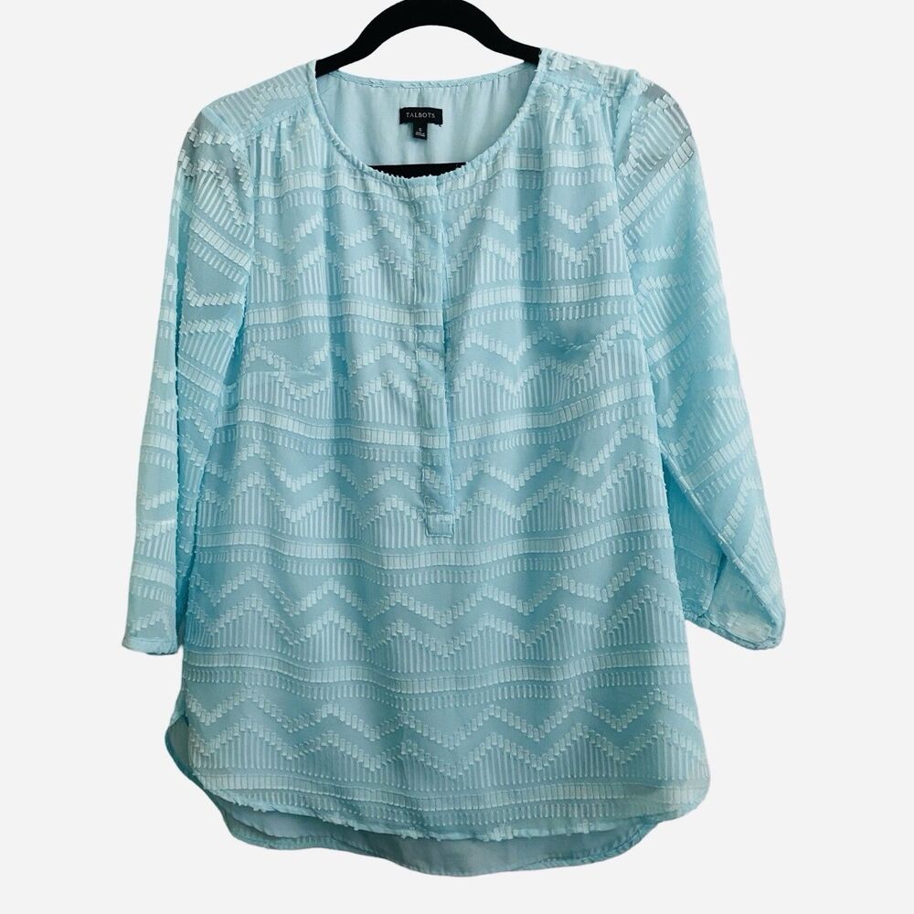 Talbots Textured Overlay Blouse Teal Blue 3/4 Sleeves Lined Work Career Small
